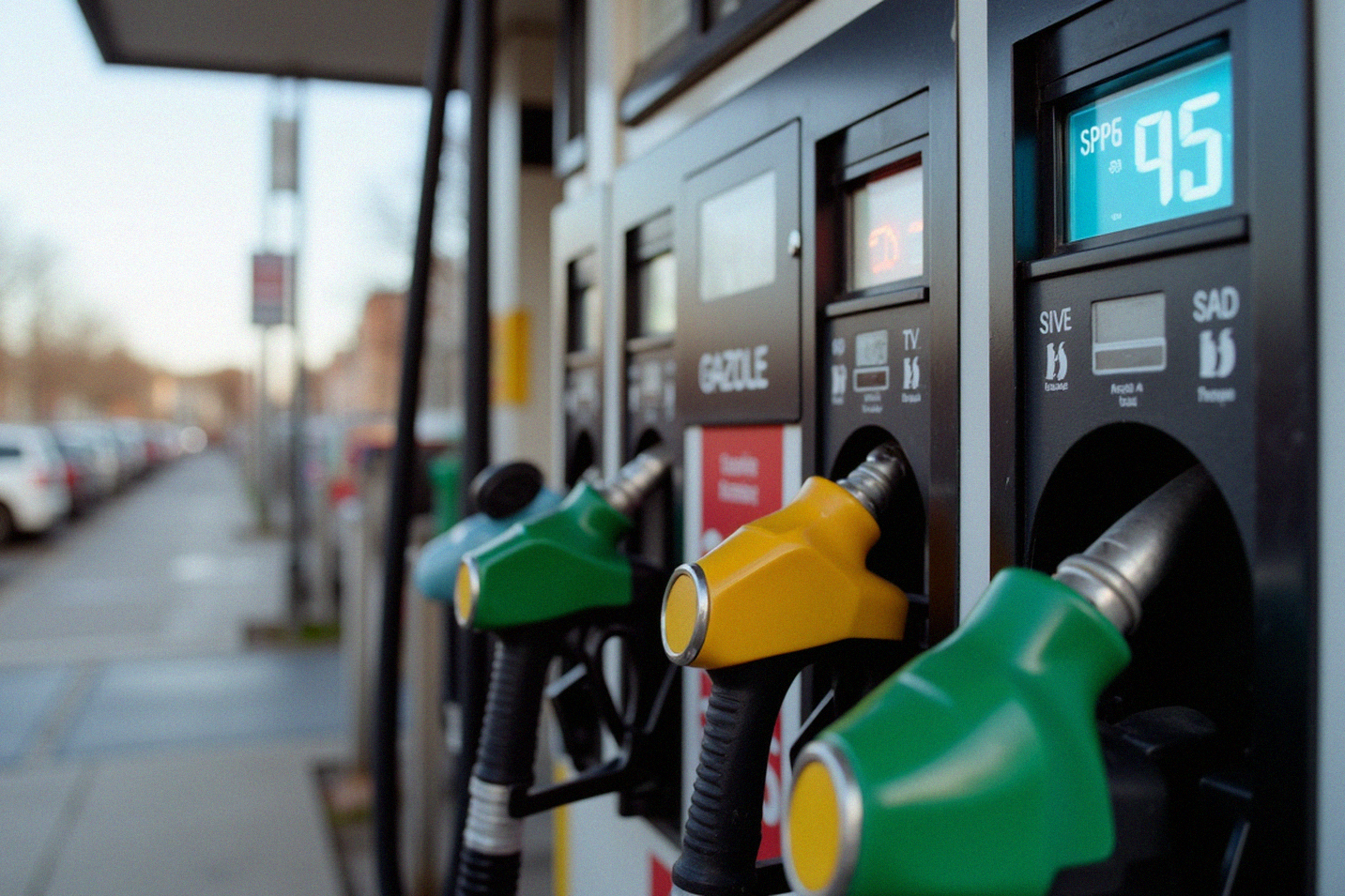 Pompes à carburant avec affichage des prix SP95 et Gazole en euros