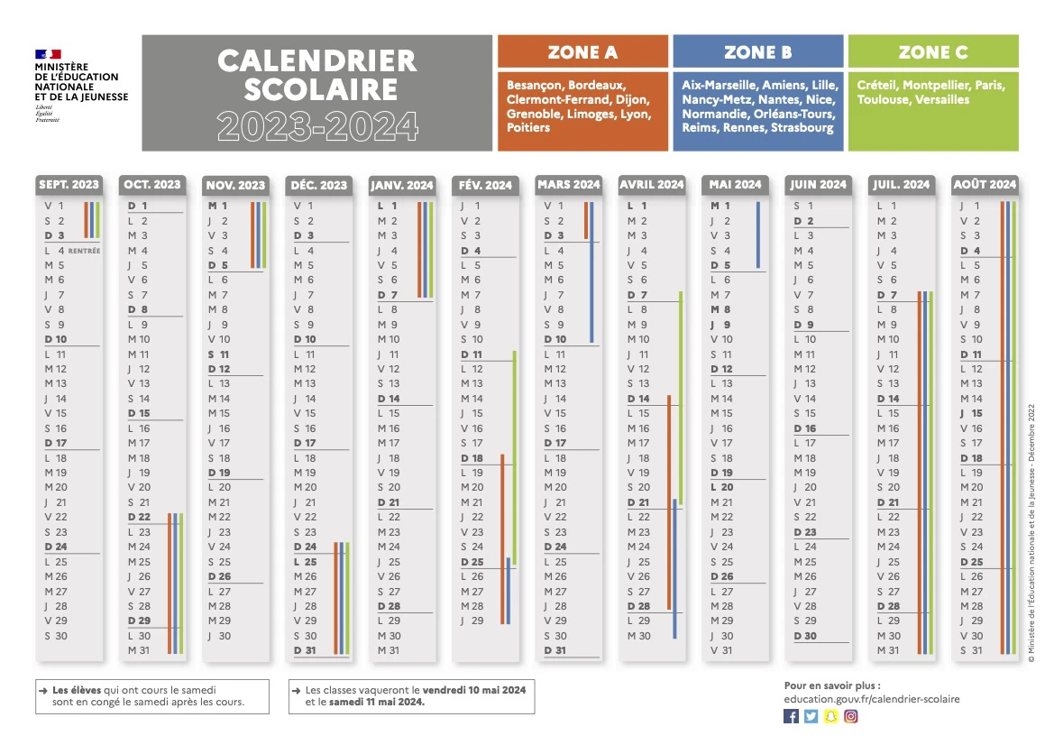 Calendrier scolaire 2023-2024 officiel à télécharger et à imprimer