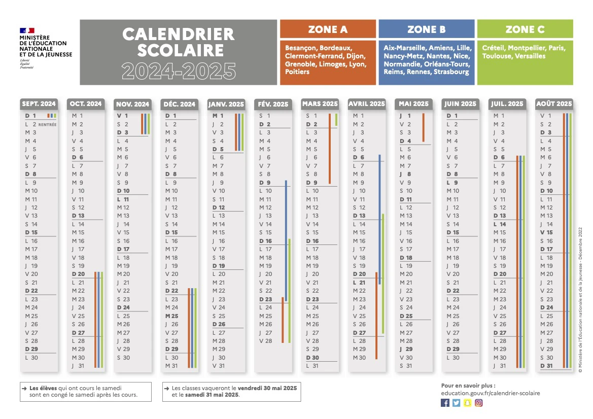 Calendrier scolaire 2024-2025 officiel à télécharger et à imprimer