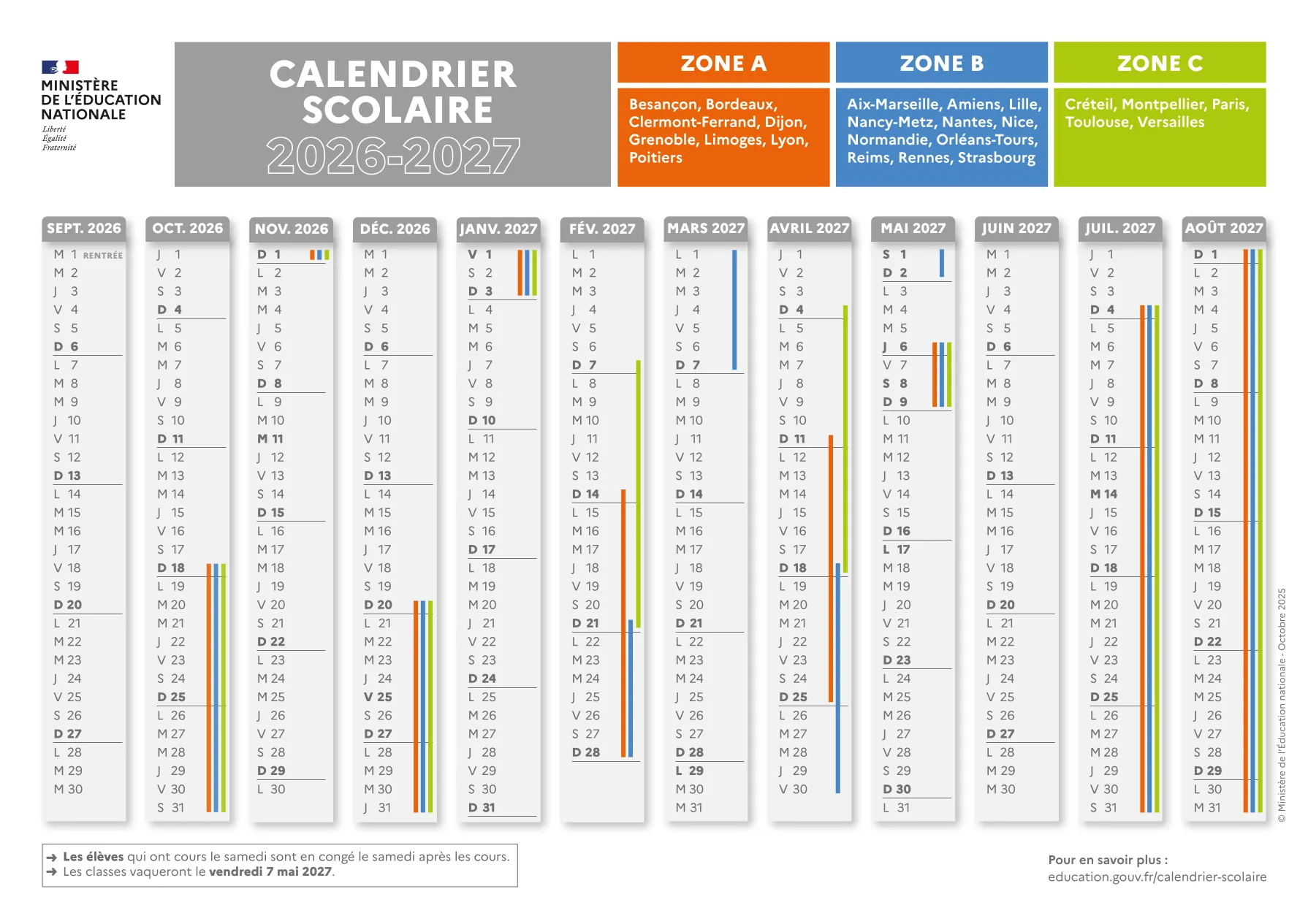 Calendrier scolaire 2026-2027 officiel à télécharger et à imprimer