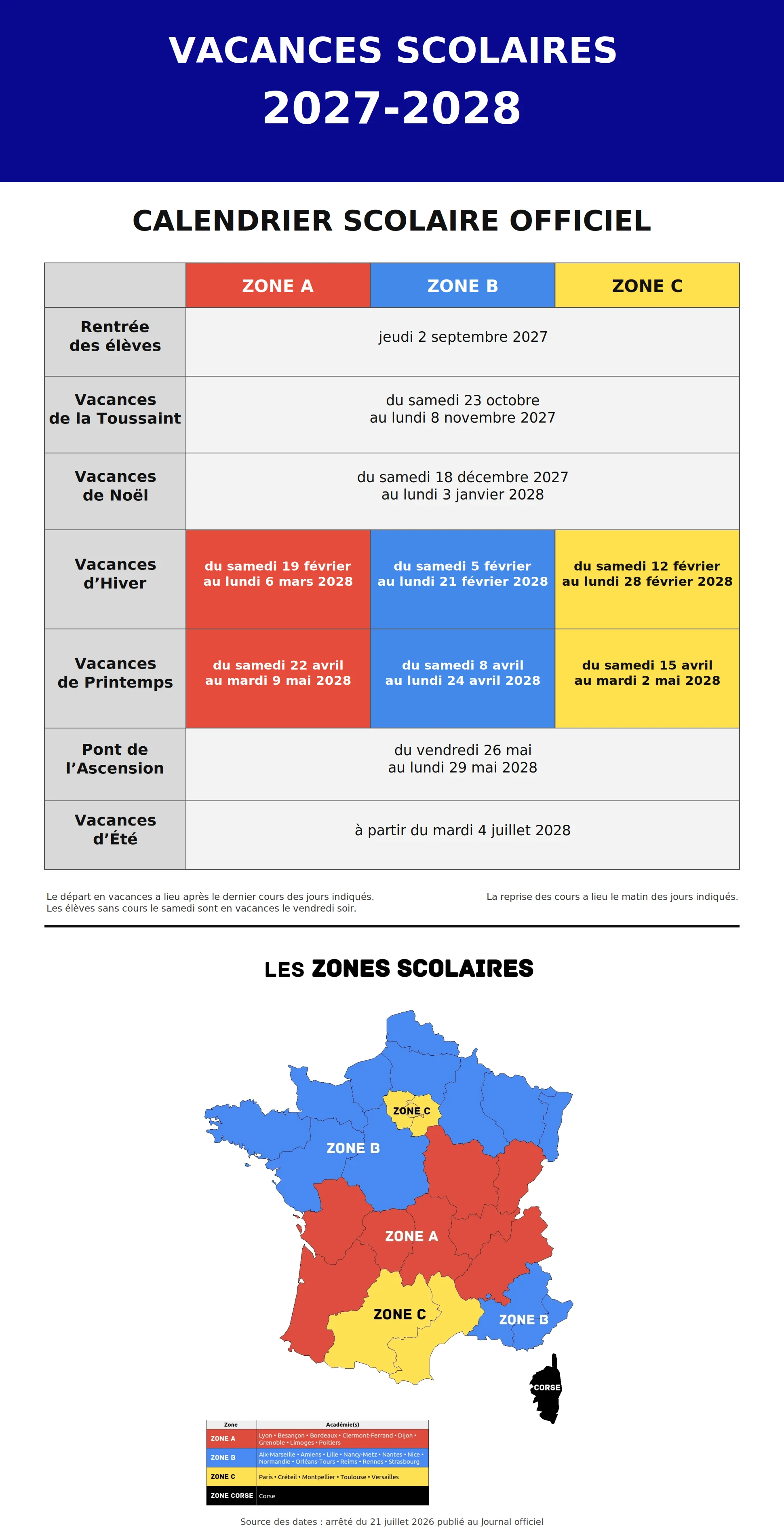 Calendrier scolaire 2027-2028 officiel à télécharger et à imprimer