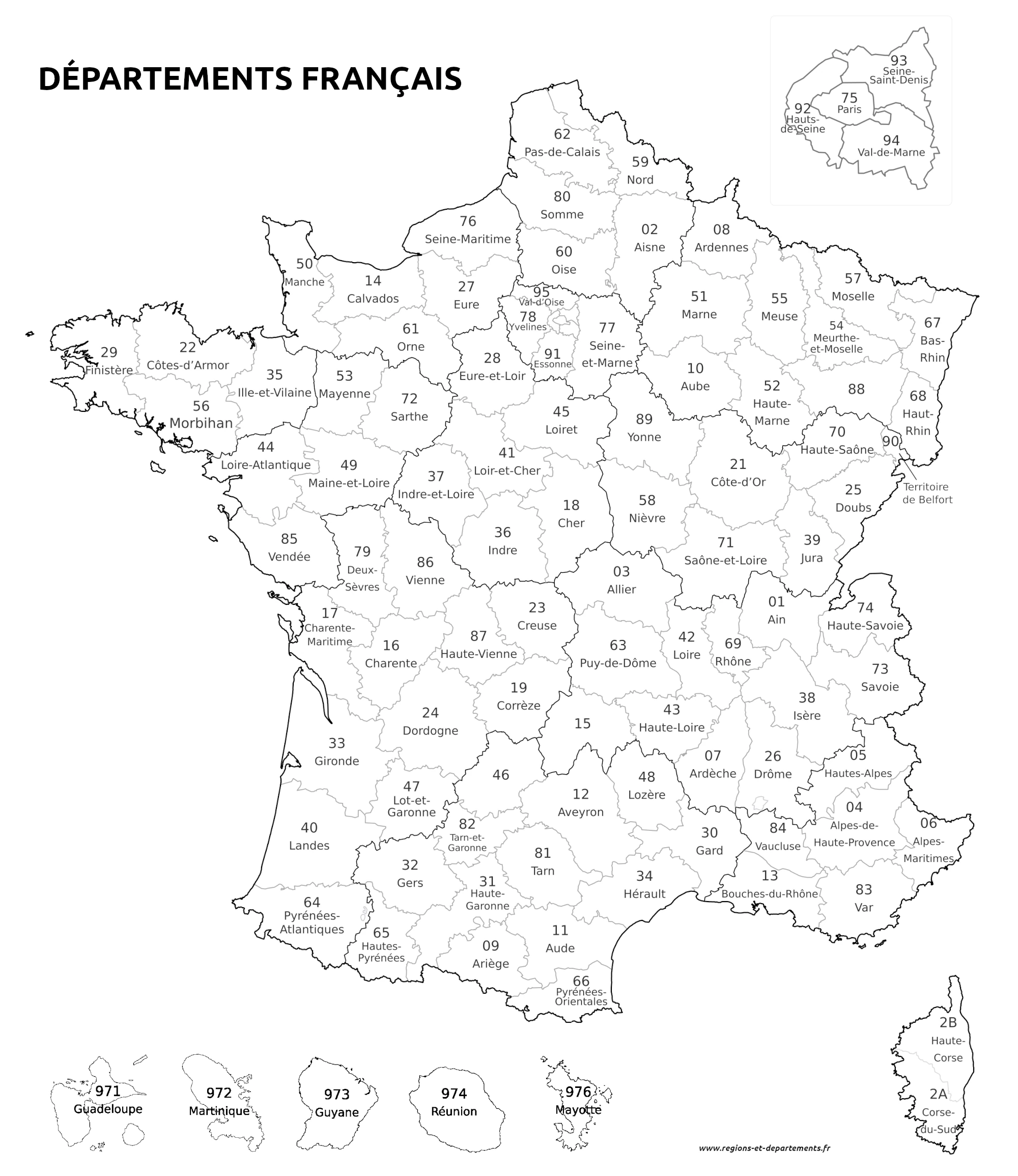 Carte des départements de France avec noms et numéros