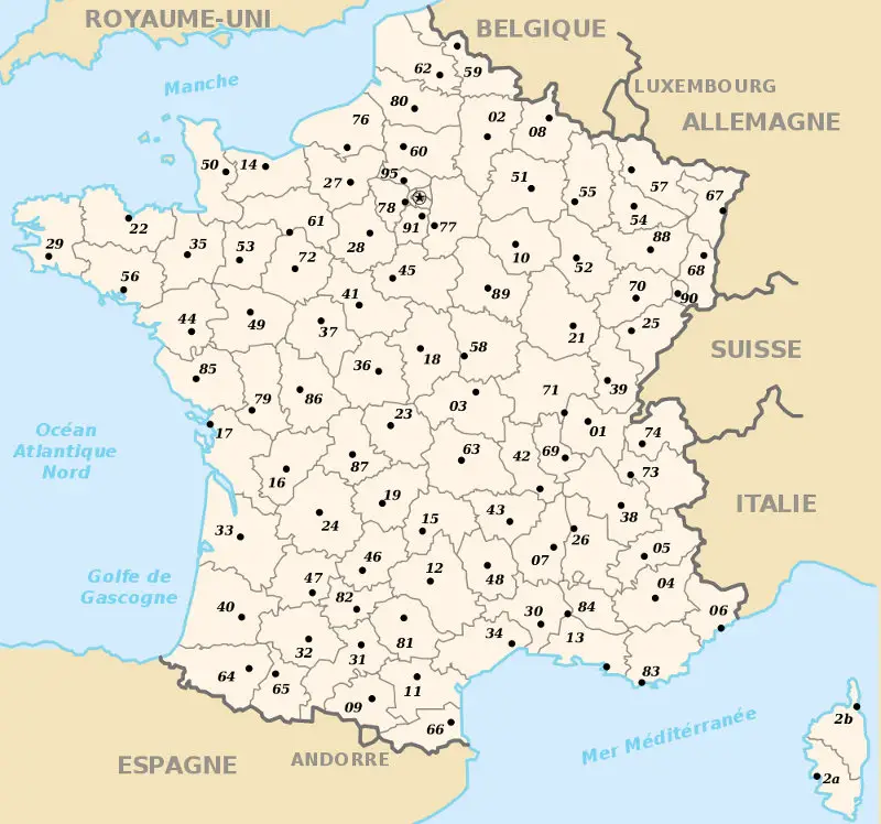 Carte des numéros des Départements francais