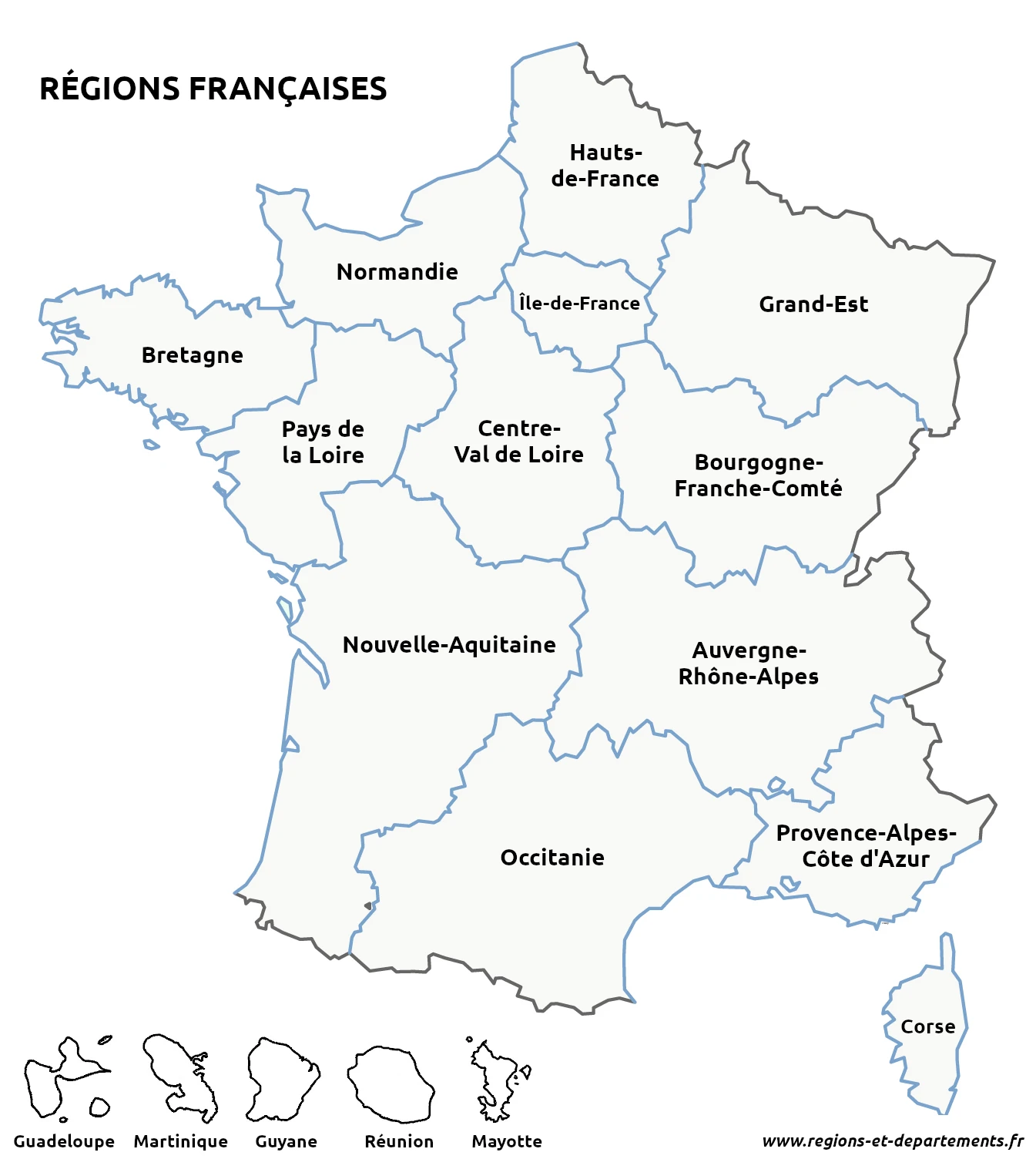 Carte de France vierge à imprimer  Fond de carte avec les régions et les  départements français