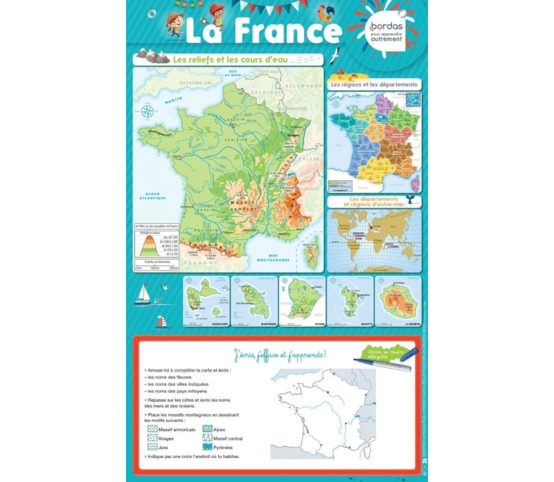 Carte de France enfants affiche apprentissage geographie française pour les enfants