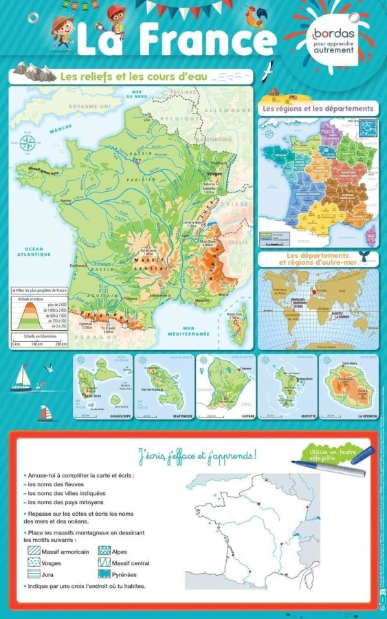 Carte de France enfants affiche apprentissage geographie française pour les enfants