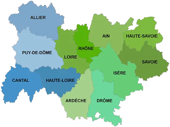 Carte des départements de la région rhone alpes auvergne