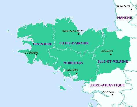 Carte des départements de la région bretagne