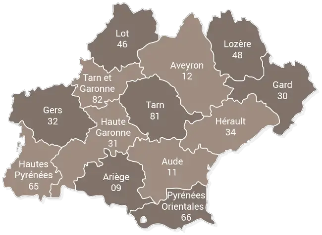 Carte des départements de la région occitanie