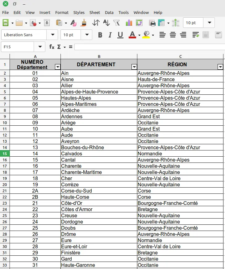 liste des regions et départements français à télécharger au format excel