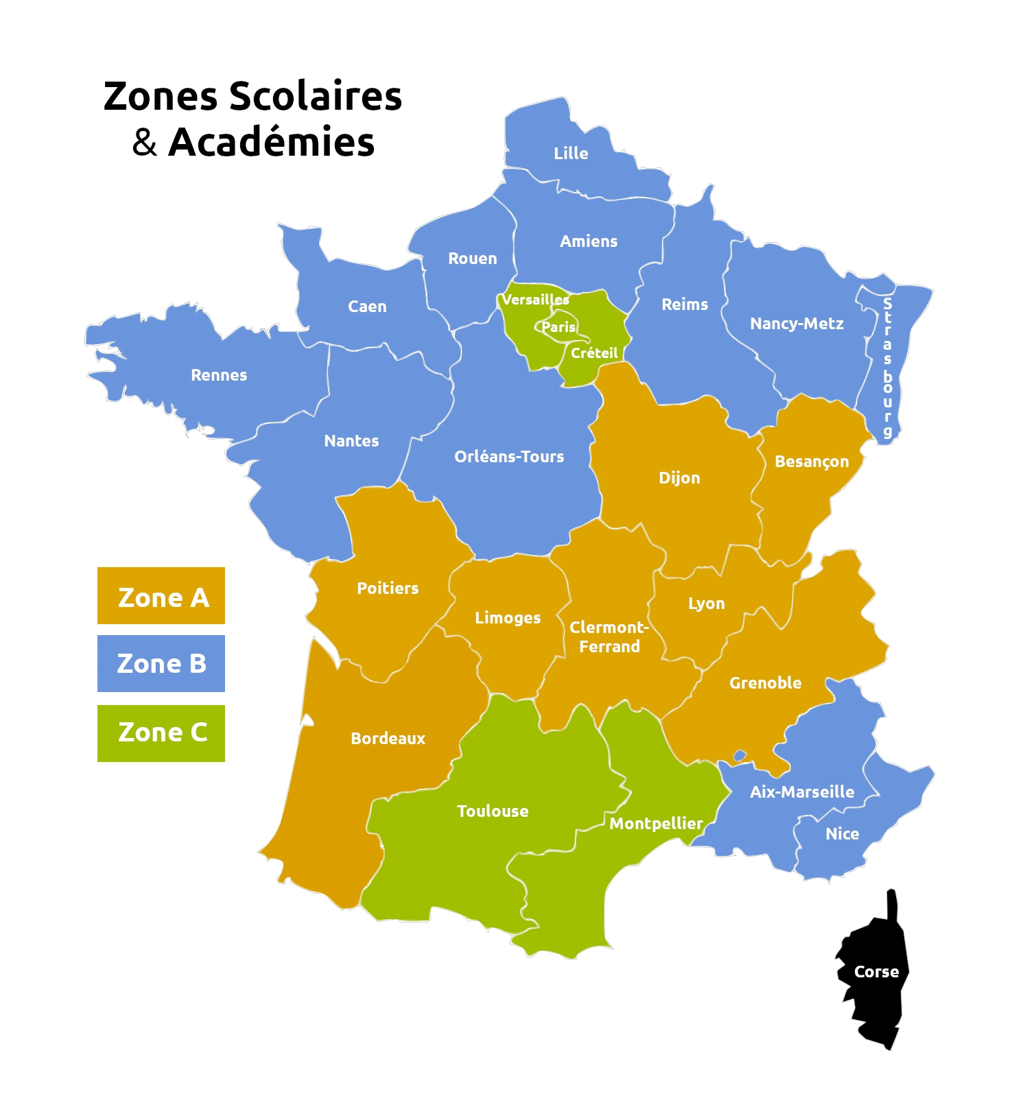 Carte des zones scolaires et des académies en France